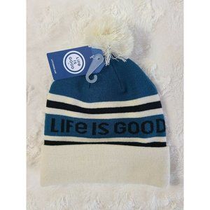 NWT Unisex LIFE IS GOOD Teal Cream & Black Beanie with Pom Pom One Size New